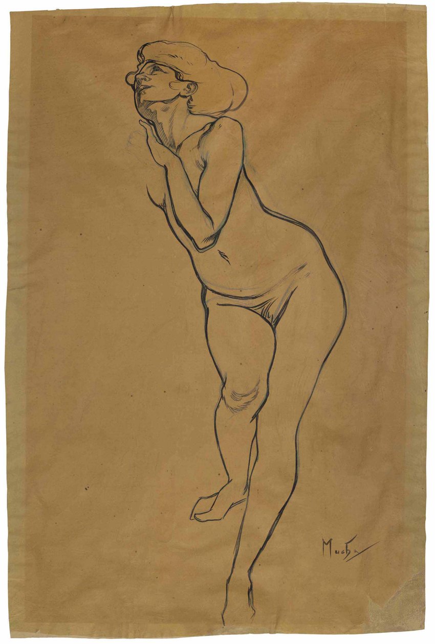 Meztelen nő állt. alkotó: Alphonse Mucha