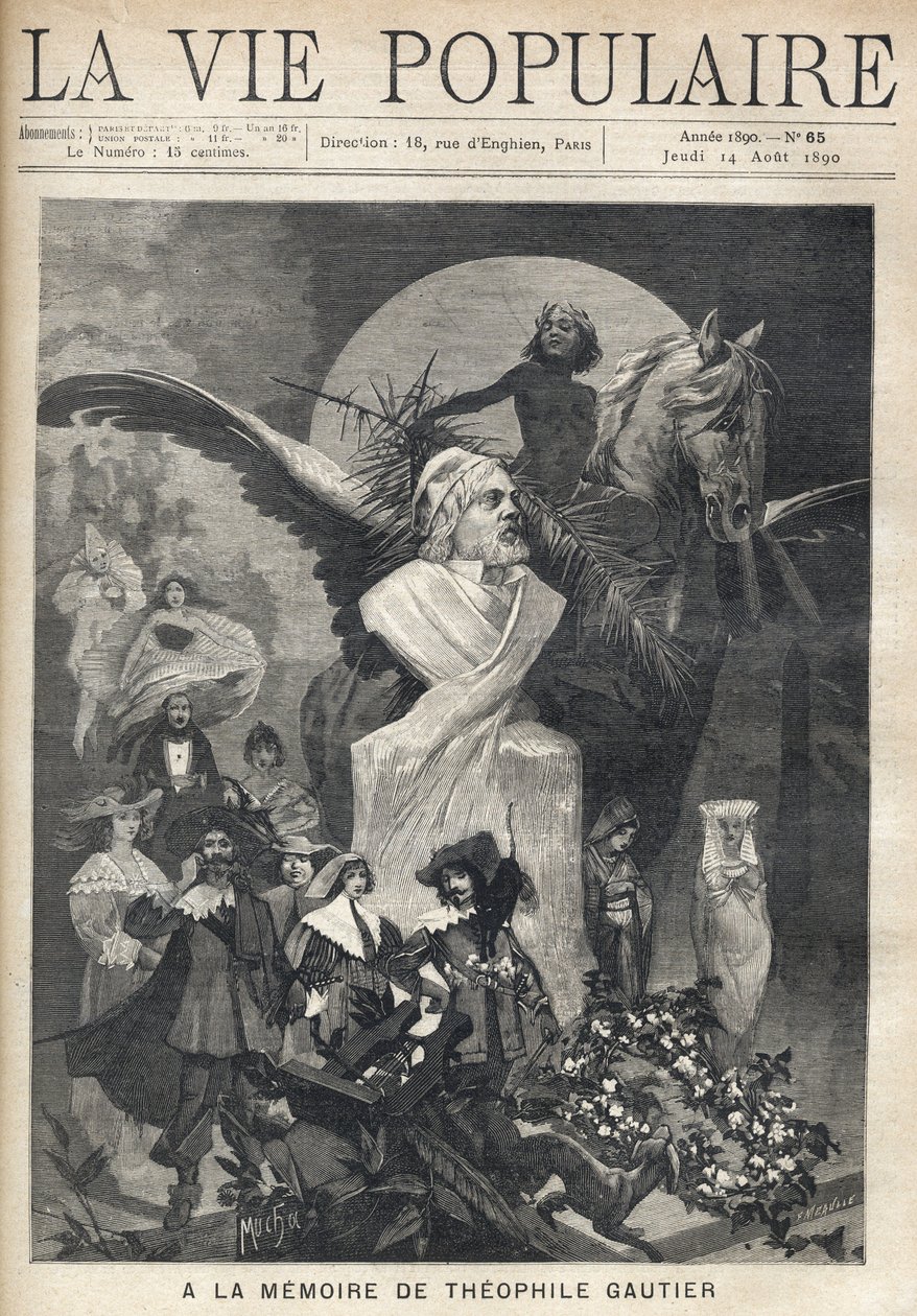Theophile Gautier (1811-1872) emlékére. Az író mellszobra körül munkáinak jelmezben szereplő szereplői szomorúan és méltósággal futnak, babérokat koronázó, szárnyas lovon ülő gyermek tekintete alatt. Illusztráció: Alfons Maria Mucha (Alphonse Ma alkotó: Alphonse Mucha