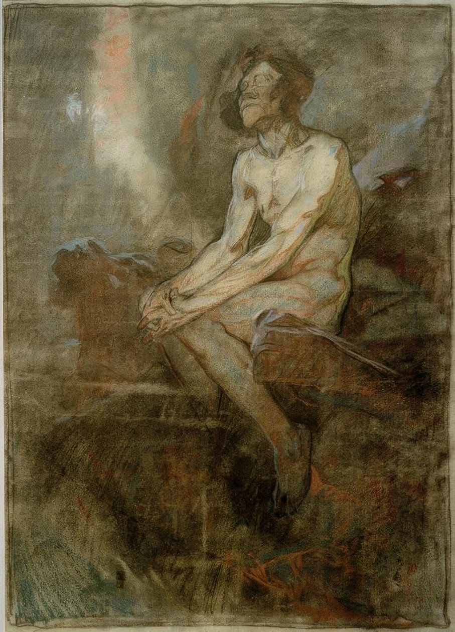 Férfi akt ül egy sziklán alkotó: Alphonse Mucha