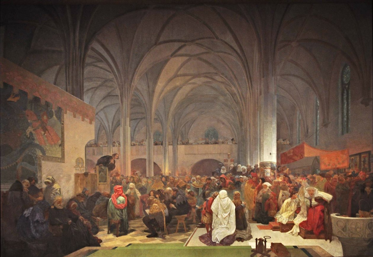 Jan Hus mester prédikál a betlehemi kápolnában A szláv eposz ciklus alkotó: Alphonse Mucha