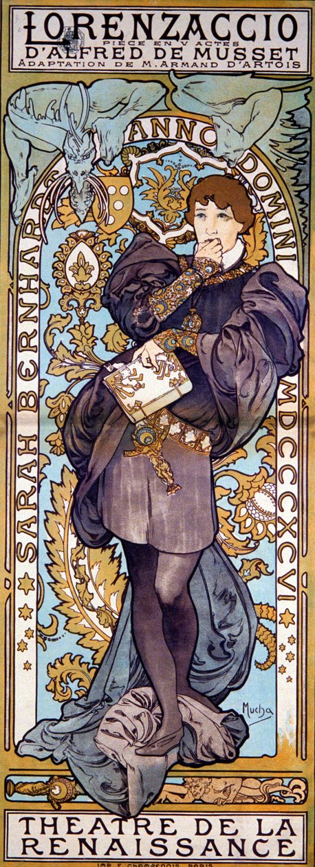 Lorenzaccio Alfred de Musset plakátja Sarah Bernhardttal, Párizs, 1896 alkotó: Alphonse Mucha