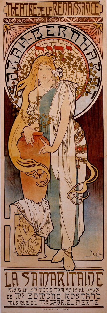 Poszter Edmond Rostand „La Samaritaine” című darabjához, amelyet Henriette Rosine Bernard, Sarah Bernhardt (1844-1923) adott elő 1897-ben a Theater de la Renaissance-ban. Alphonse Mucha (1860-1939) rajza 1897 alkotó: Alphonse Mucha