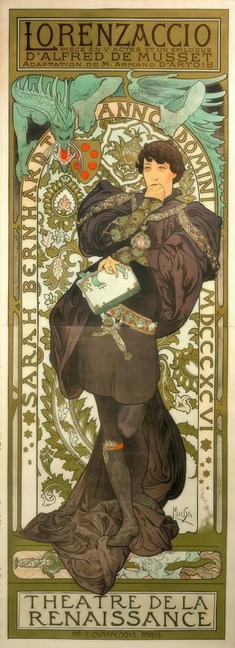 Sarah Bernhardt mint Lorenzaccio alkotó: Alphonse Mucha