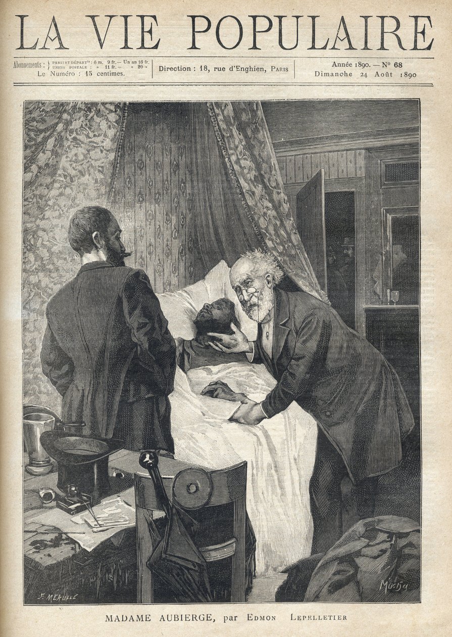 Két férfi az ágy fölé hajol, hogy lássák egy férfi halálát. Az ajtóban más férfiak figyelik a jelenetet. Illusztráció: Alfons Maria Mucha (Alphonse Marie Mucha alkotó: Alphonse Mucha