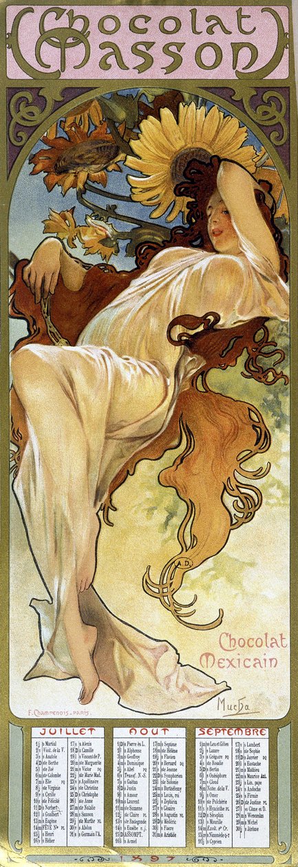 Nő őszi hangulatban – Mucha, naptár „” Chocolat Mexicain Chocolat Masson”, 1897. július, augusztus, szeptember. alkotó: Alphonse Mucha