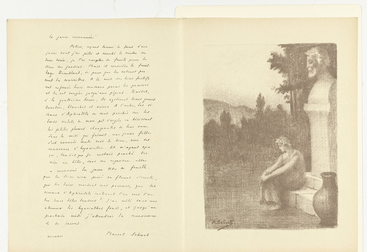 Illusztráció férfi mellszobra mellett ülő nővel és kancsóval, Marcel Schwob La jarre couronnee című versével Illusztráció: La jarre coronnée, Marcel Schwob L