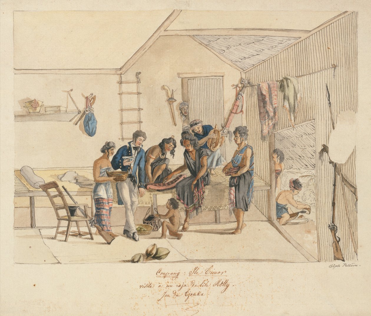 Látogatás a Timor-szigetek Raja-ban (toll, tinta és akvarell papíron) alkotó: Alphonse Pellion