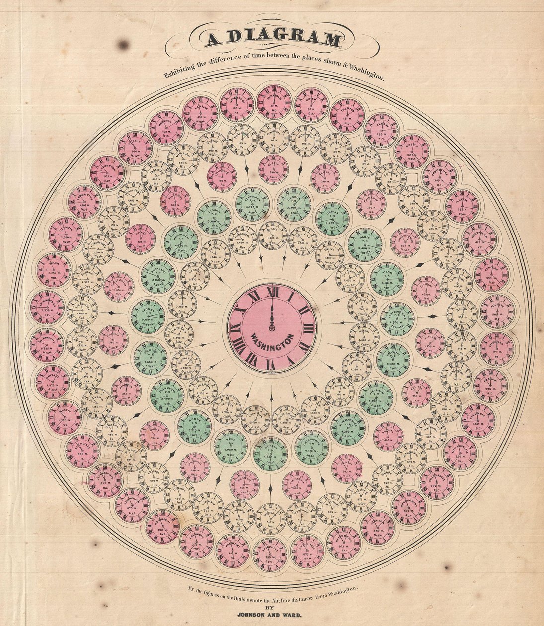 Egy diagram, amely az időeltolódást mutatja az ábrázolt helyek és Washington között. alkotó: Alvin Jewett Johnson