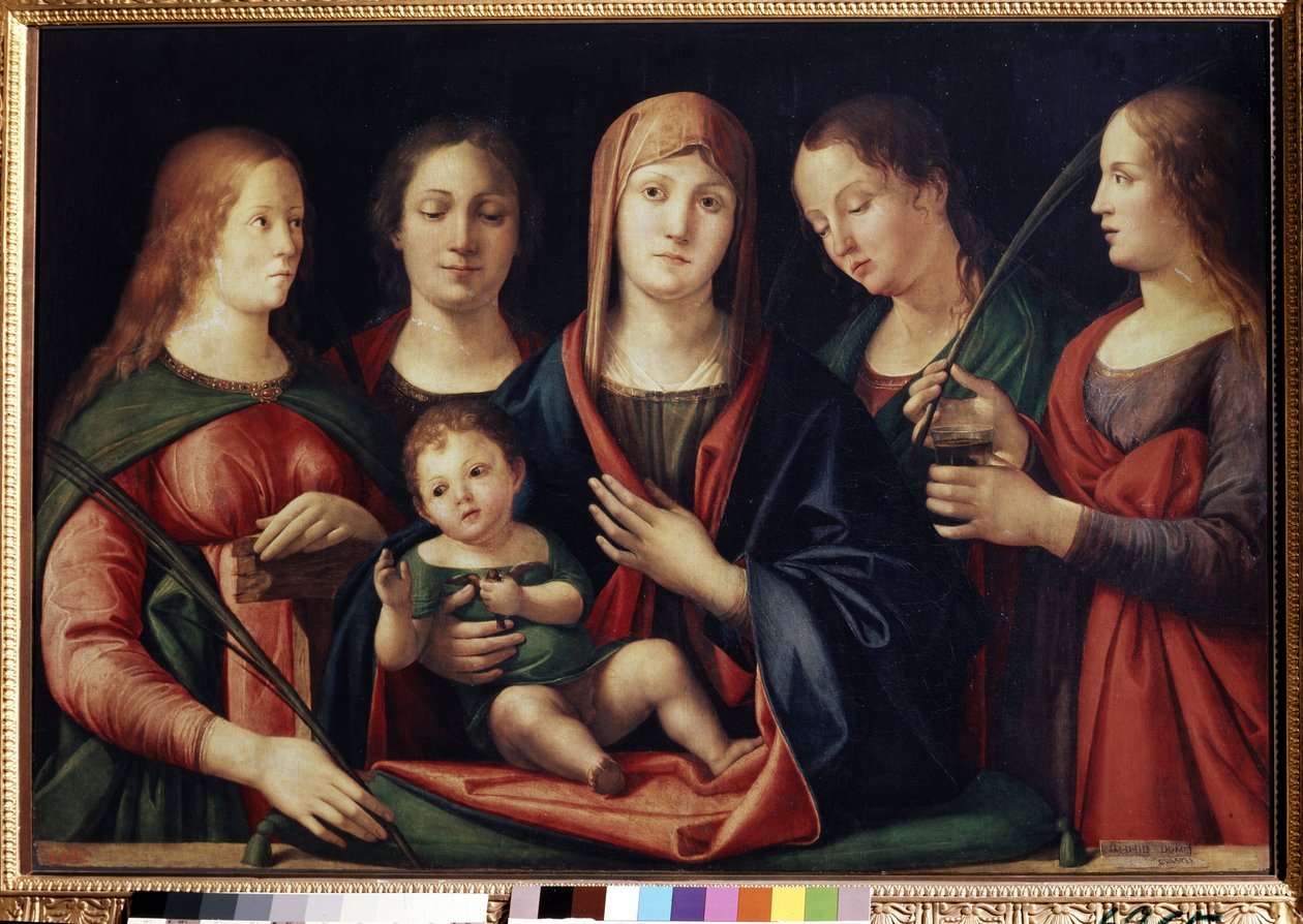A Szűz és a Gyermek Marie Madeleine-nel Sainte Catherine és két szent (Madonna és a gyermek Mária Magdolnával, Szent Katalin és két szent). Alvise Vivarini festménye (1446 körül-1505 körül). Olaj, vászon, 89 x 129 cm alkotó: Alvise Vivarini