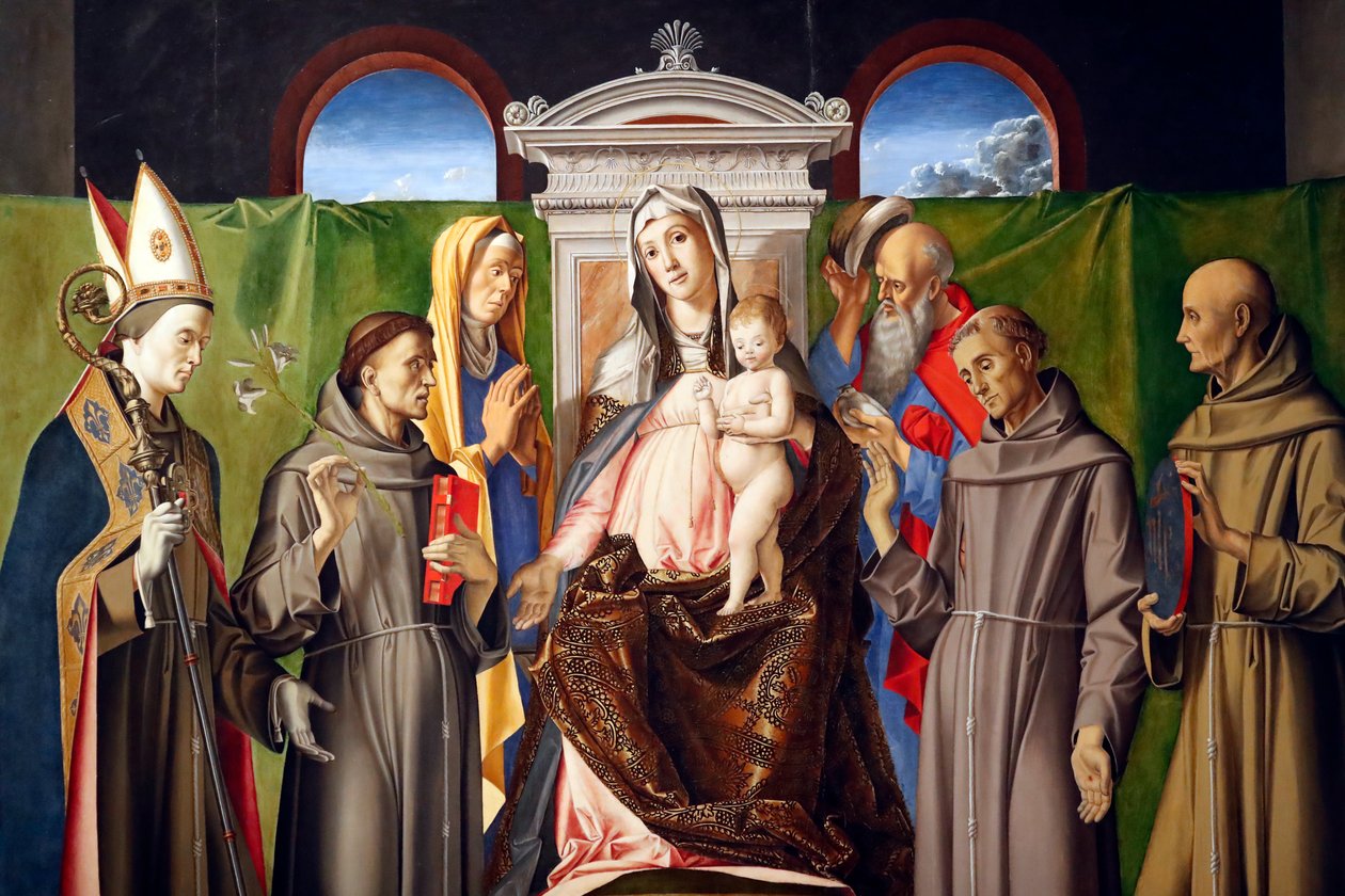Madonna és a gyermek a Toulouse-i Szent Lajossal, Páduai Anthonyval, Annával, Joachim-mal, Ferenccel és Sienai Bernardinóval trónol alkotó: Alvise Vivarini