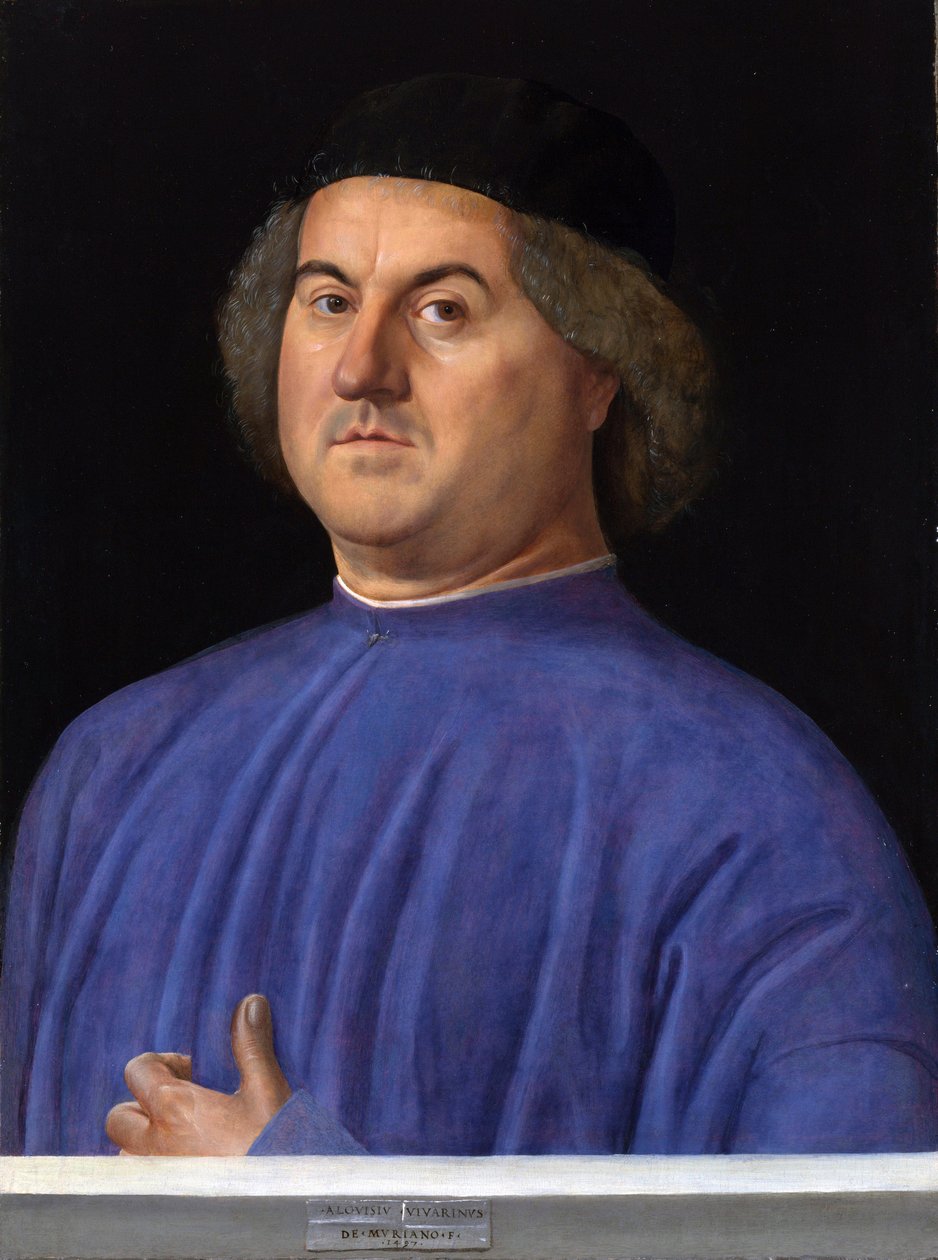 ""Egy férfi portréja"" Bourgeois kék tunikába öltözött - Alvise Vivarini festménye (1446 körül – 1505 körül) 1497 London National Gallery alkotó: Alvise Vivarini