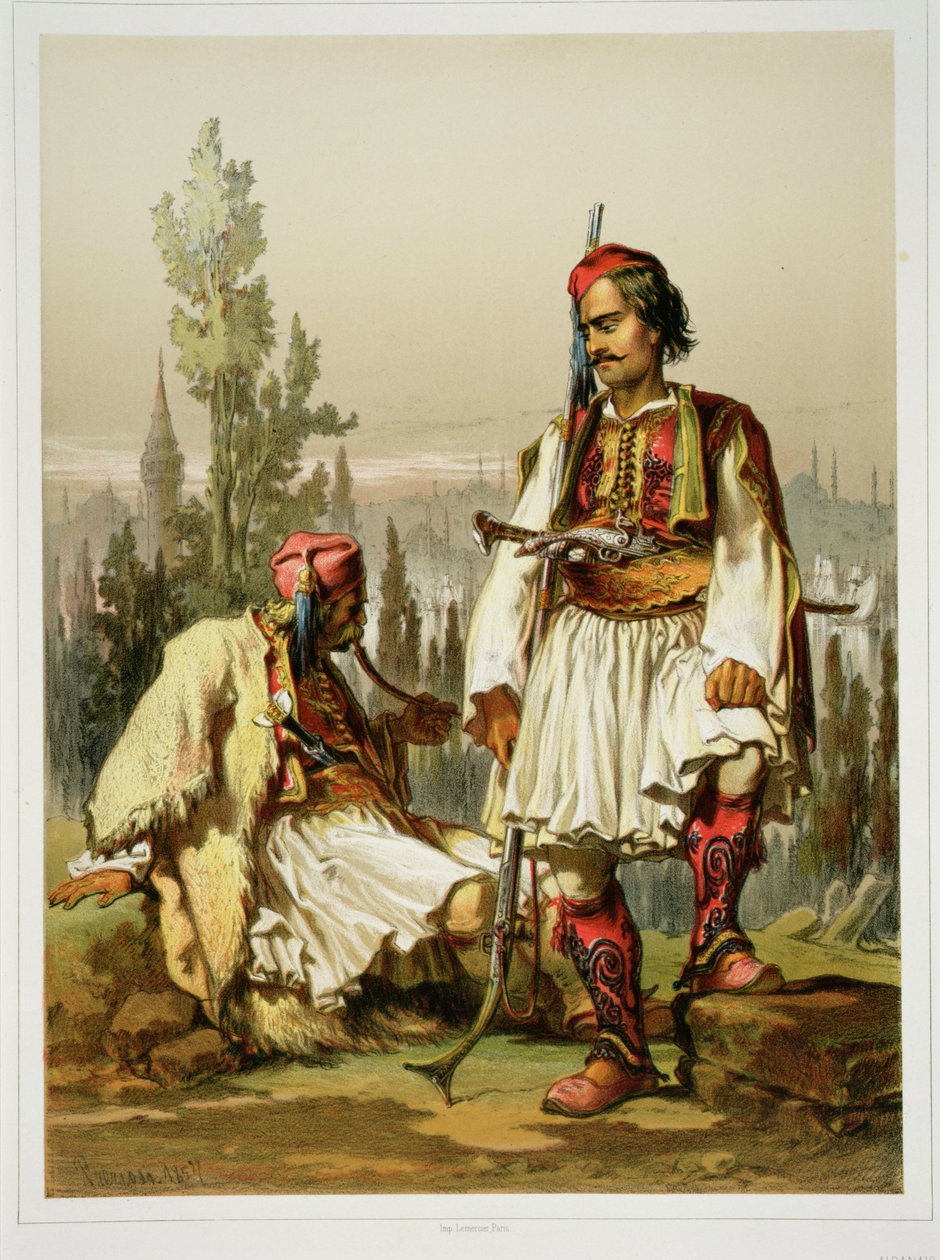 Albánok, zsoldosok az oszmán hadseregben, kiadó: Lemercier, 1857. alkotó: Amadeo Preziosi