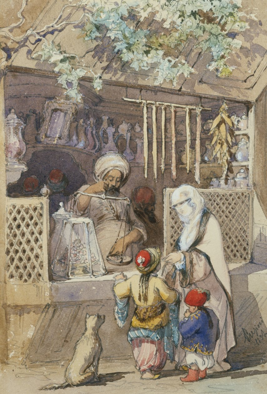 Török figurák a Sweetmeat bódén, 1851 (ceruza és WC) alkotó: Amadeo Preziosi