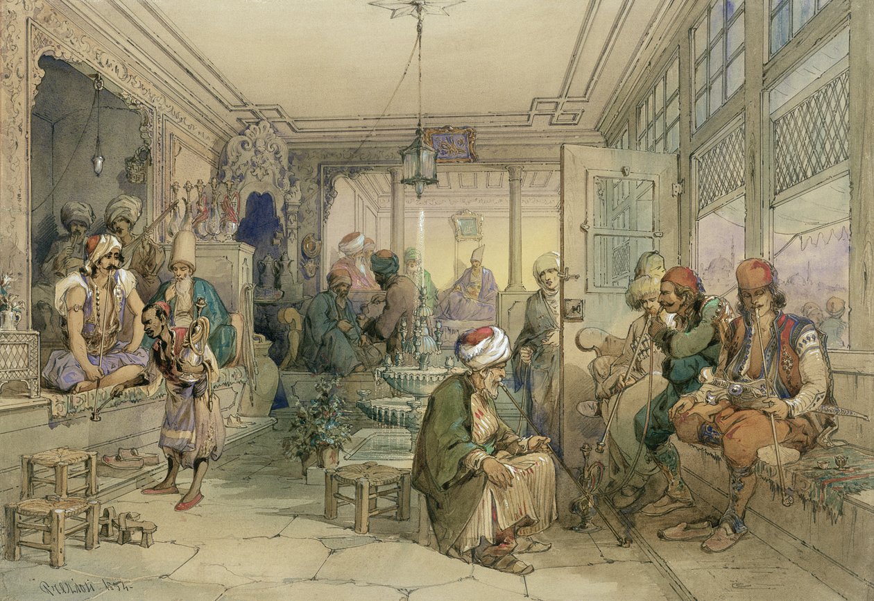 Egy kávéház, Konstantinápoly, 1854 (toll, tinta és WC papíron) alkotó: Amadeo Preziosi