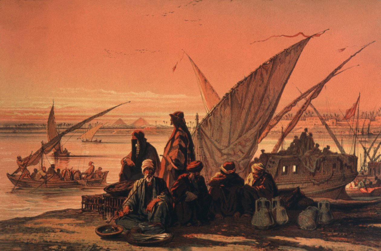 Boats on the Nile River, near the pyramides alkotó: Amadeo Preziosi