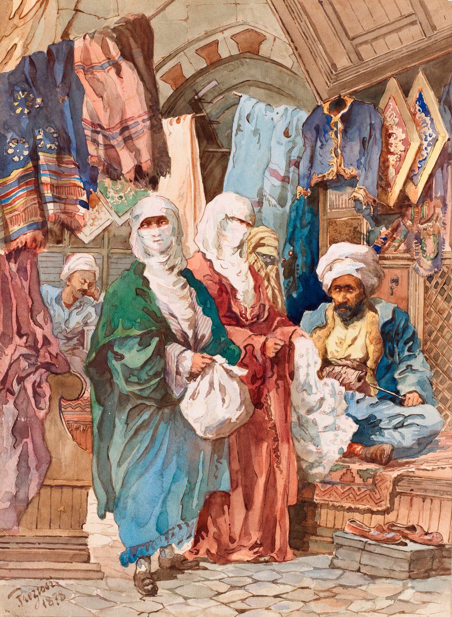 Selyembazár (keleti piac, piac, selyemáruk) - Selyembazár - Amedeo Preziosi (1816-1882), Akvarell papíron (41x30 cm) - Pera Múzeum, Isztambul alkotó: Amadeo Preziosi