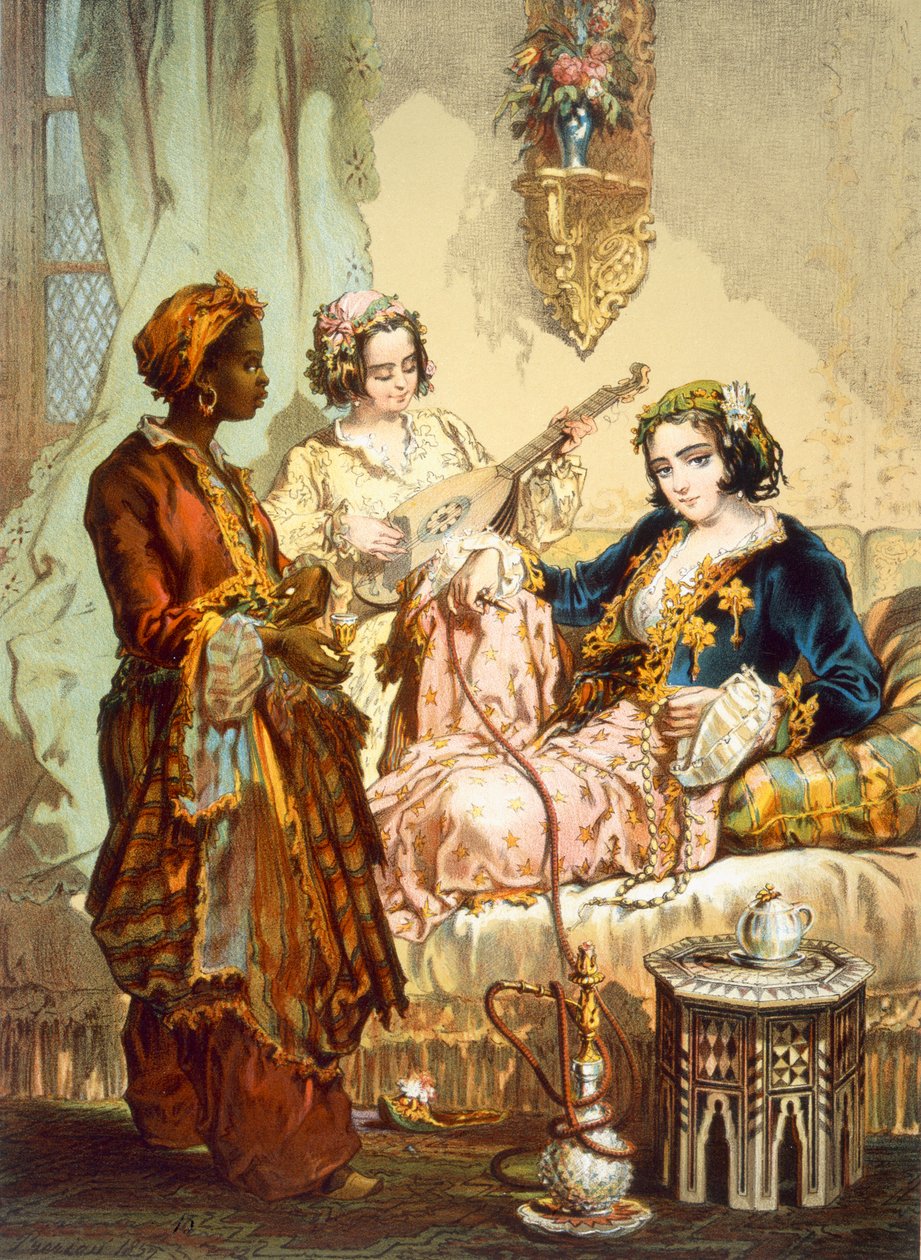 A csésze kávé: Két nő kávézik és hubble-bubble-t szívnak, kocsmában. 1865. alkotó: Amadeo Preziosi