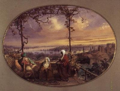 Kilátás egy galatai ház teraszáról, egy törökkel, feleségével és szolgálójával az Aranyszarv és a Boszporusz torkolatára nézve alkotó: Amadeo Preziosi
