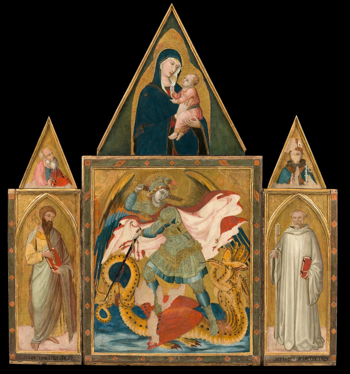 Ambrogio Lorenzetti - Rofenói apátság Poliptich. Szent Mihály arkangyal megöli a sárkányt Bartholomew szentek között alkotó: Ambrogio Lorenzetti