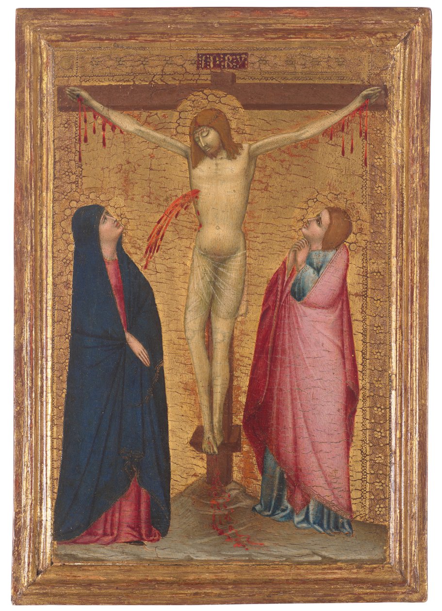 A keresztre feszítés a Madonnával és Szent János evangélistával (tempera és arany, tábla) alkotó: Ambrogio (circle of) Lorenzetti