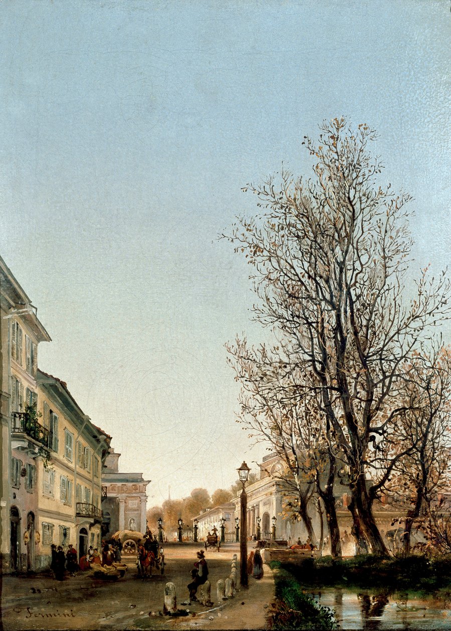 Kilátás a Porta Venezia területére, Milánó (festmény, 1850 körül) alkotó: Ambrogio Fermini