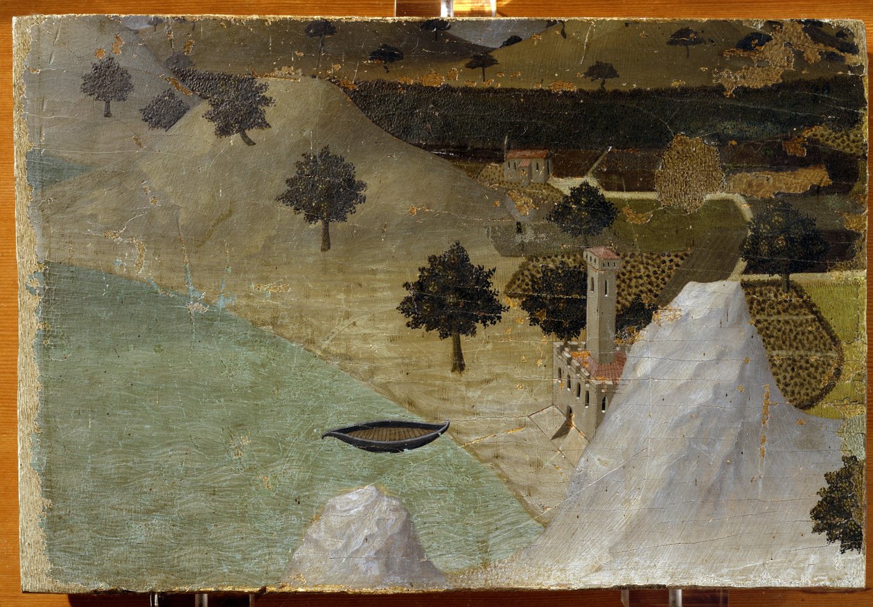 Egy tó mellett álló kastély - tempera panelen alkotó: Ambrogio Lorenzetti