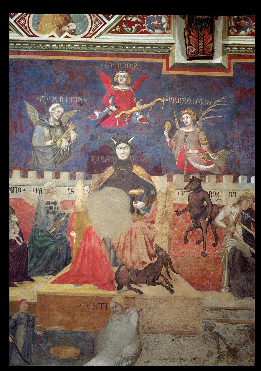 A rossz kormány allegóriája, a kapzsiság, a büszkeség, a hiúság, a zsarnokság, a csalás és a harag részlete, 1338-40 alkotó: Ambrogio Lorenzetti