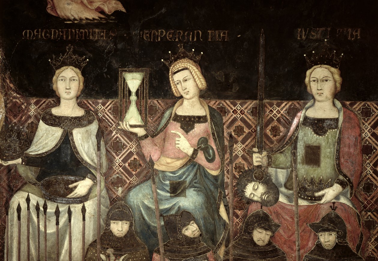 A jó kormányzás allegóriája, az igazságosság, a remény és a nagylelkűség részlete, 1338-40 alkotó: Ambrogio Lorenzetti