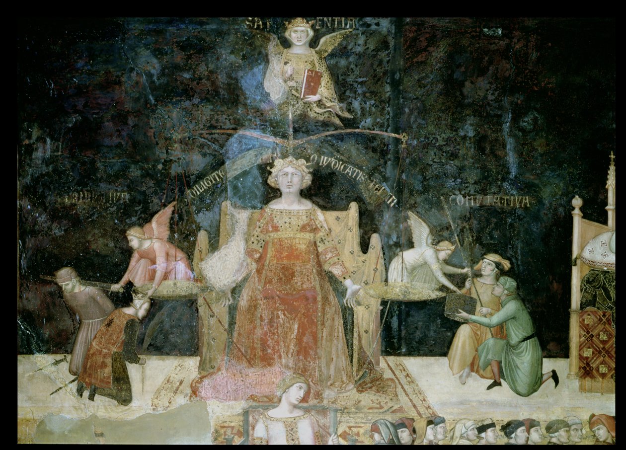 A jó kormányzás allegóriája, a bölcsesség által ihletett igazságosság részlete, 1338-40 alkotó: Ambrogio Lorenzetti