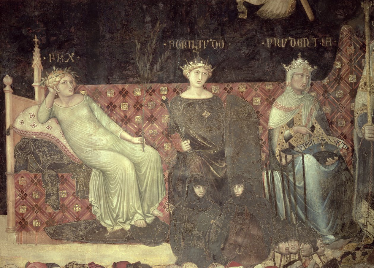 A jó kormányzás allegóriája, a béke, a lelkierő és az óvatosság részlete, 1338-40 alkotó: Ambrogio Lorenzetti