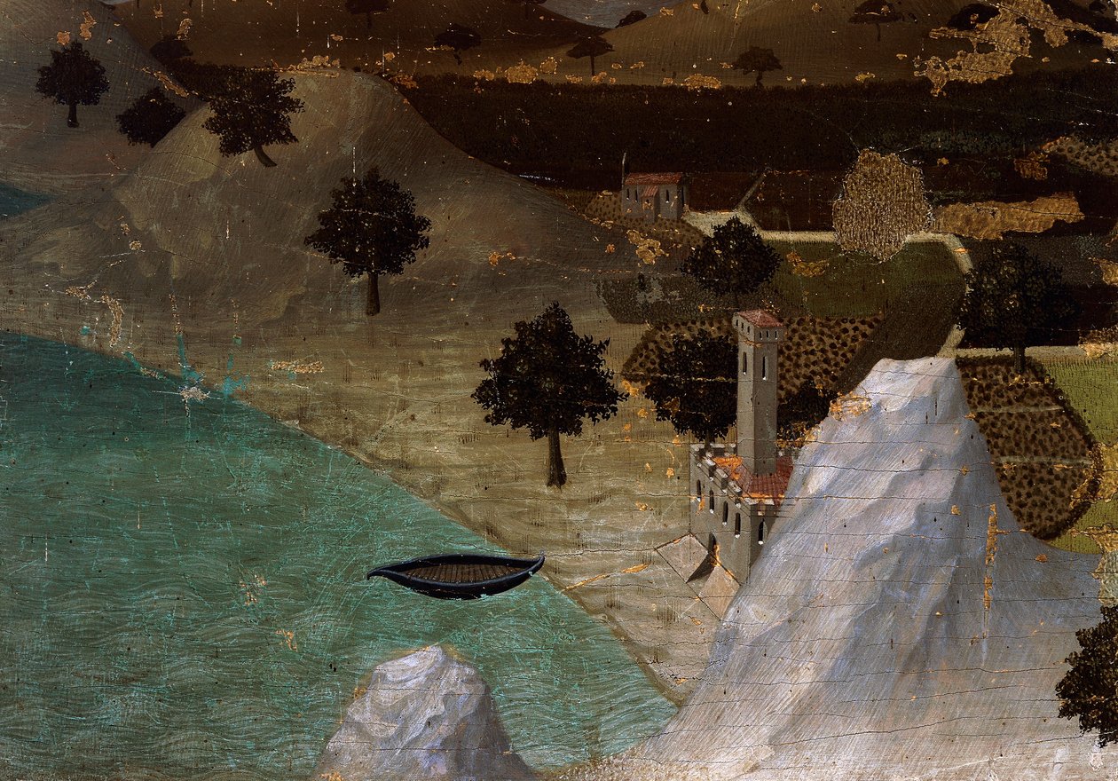 Kastély a tóparton, Ambrogio Lorenzetti (1290-kb. 1348), Tempera fa, 22,5x33 cm alkotó: Ambrogio Lorenzetti