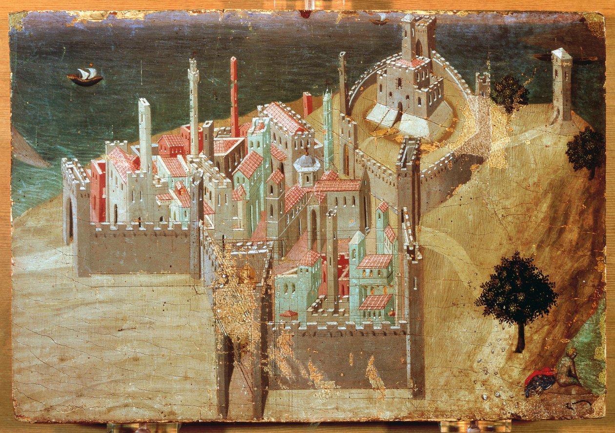 Város a tenger mellett, Ambrogio Lorenzetti (1285-1348), festmény fára, 22x33 cm. alkotó: Ambrogio Lorenzetti