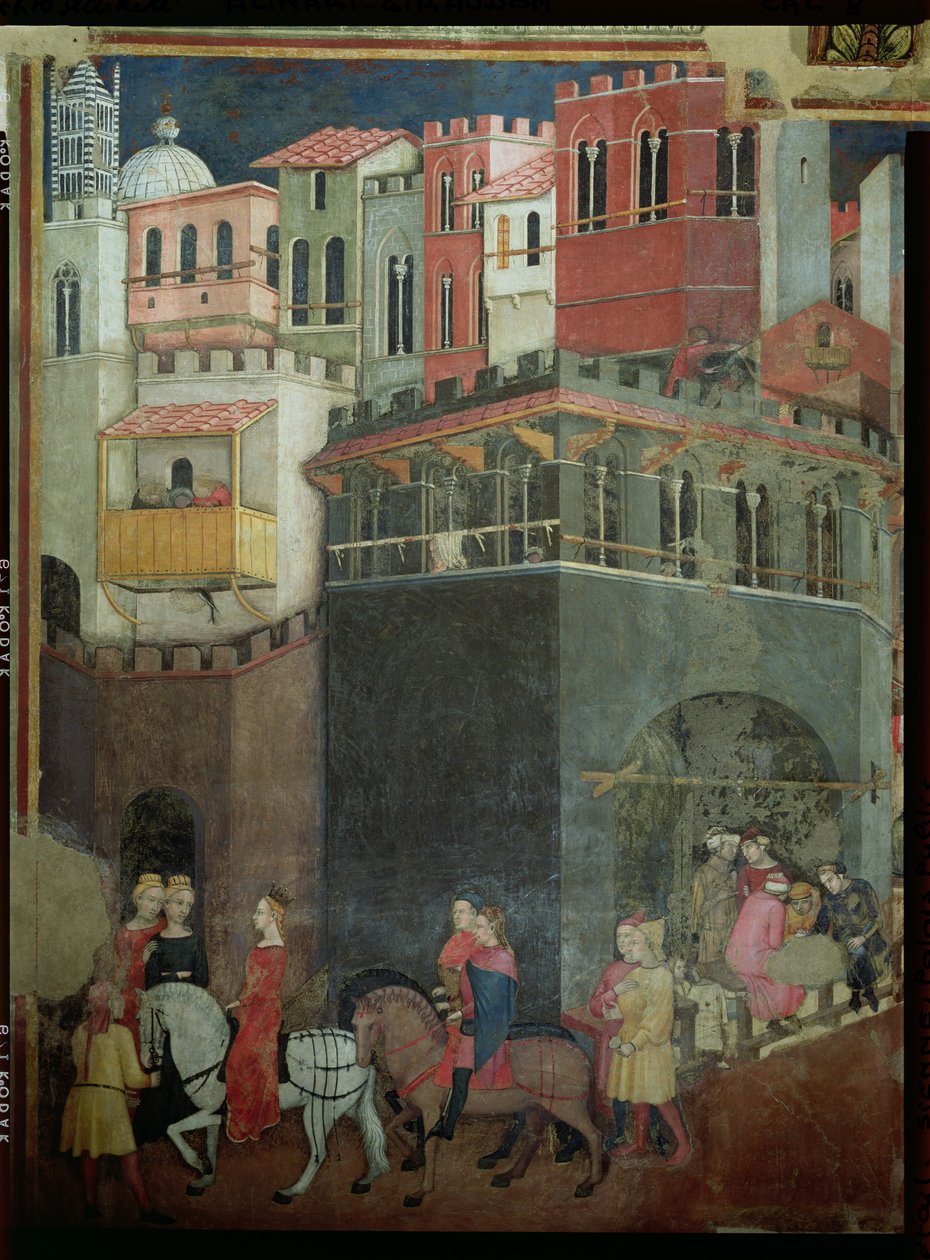 A jó kormányzás hatásai a városban, az építészet és a polgárok részlete, 1338-40 alkotó: Ambrogio Lorenzetti