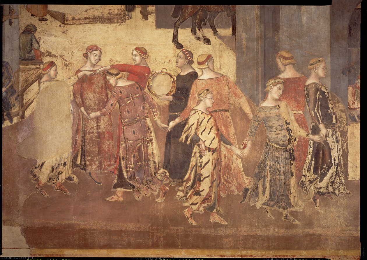 A jó kormányzás hatásai a városban, táncosok és tamburás részlet, 1338-40 alkotó: Ambrogio Lorenzetti