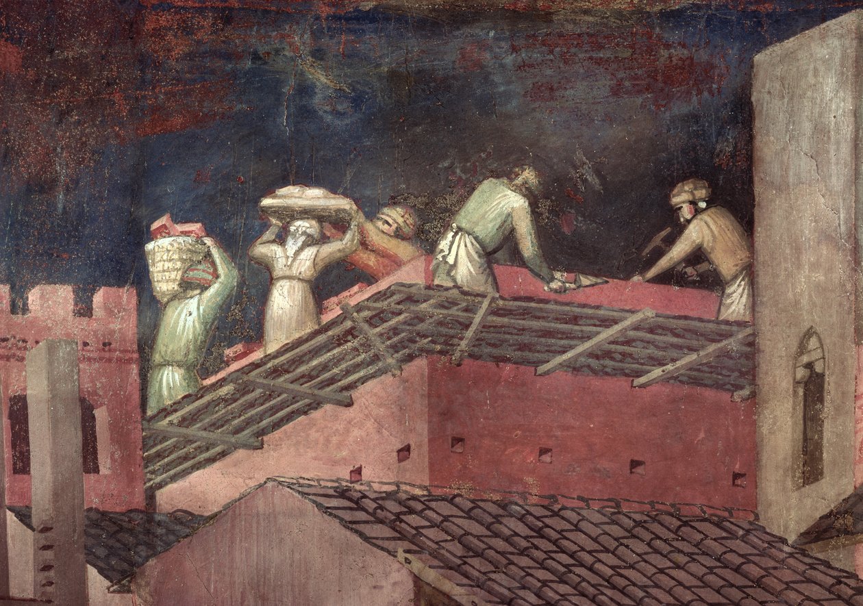 A jó kormányzás hatásai a városban, részlet a házat építő munkásokról alkotó: Ambrogio Lorenzetti
