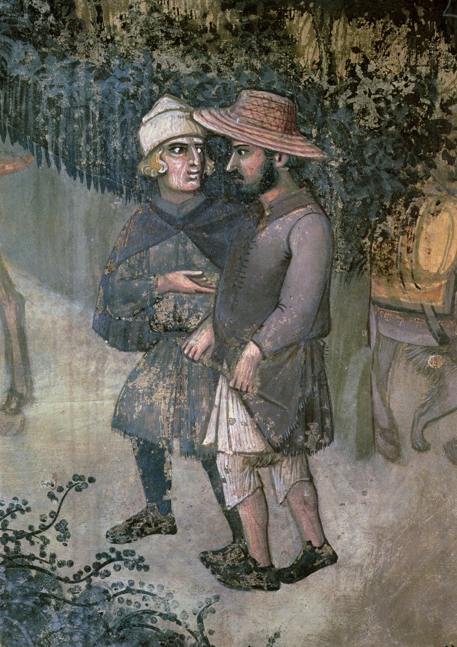 A jó kormányzás hatásai a vidéken, két férfi sétáló és beszélgető részlete alkotó: Ambrogio Lorenzetti