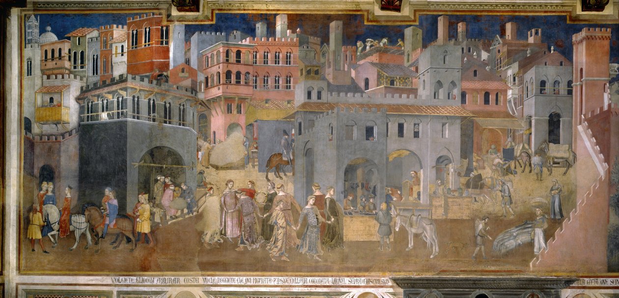 A jó kormányzás hatásai a városban Freskók ciklusa A jó és rossz kormány allegóriája, 1338-1339 alkotó: Ambrogio Lorenzetti