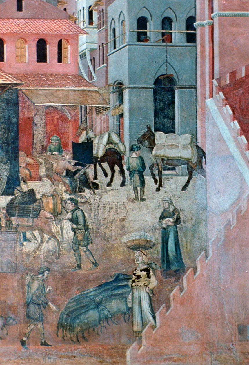 A jó kormányzás hatásai a város életére, részlet, 1338-1340 alkotó: Ambrogio Lorenzetti