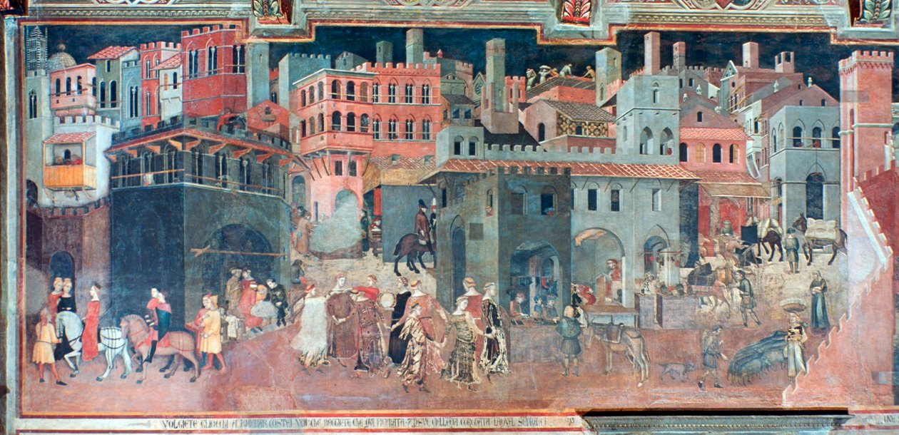A jó kormányzás hatásai a város életére, részlet, c1330 alkotó: Ambrogio Lorenzetti