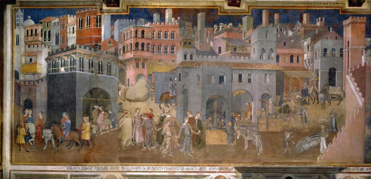 "A jó és rossz kormányzás hatásai a városban és vidéken". A város részletei. Ambrogio Lorenzetti freskója (1290-1348) alkotó: Ambrogio Lorenzetti