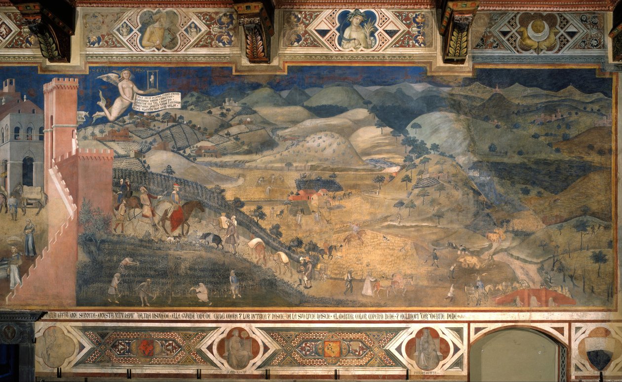 "A jó és rossz kormányzás hatásai a városban és a vidéken". Részlet a jó kormányzás vidéki hatásairól. Ambrogio Lorenzetti (1290-1348) festménye 1338 - 1340. Freskó. Kilencek csarnoka, vagy a Béke csarnoka, Palazzo Publico de Si alkotó: Ambrogio Lorenzetti