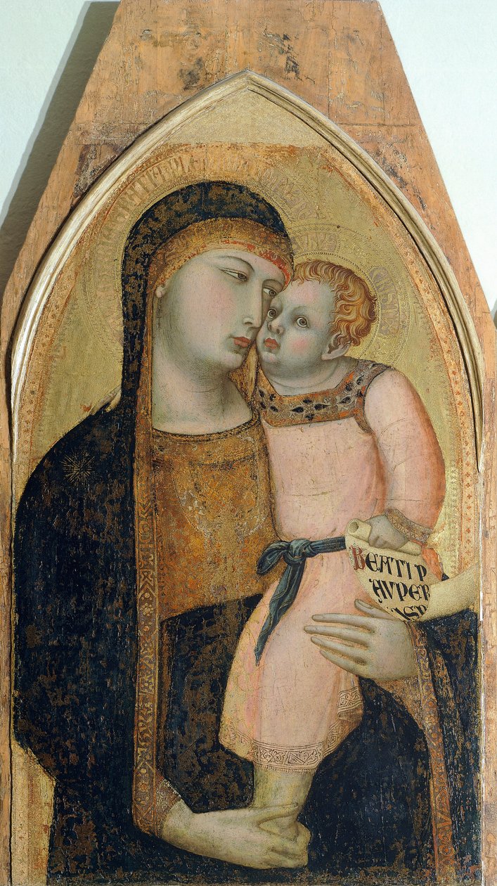 Madonna és gyermek, részlet a triptichonról, amely Madonnát és gyermeket ábrázol Mária Magdolnával és Szent Dorottyával, Ambrogio Lorenzetti (1290-kb. 1348), olaj, fa alkotó: Ambrogio Lorenzetti