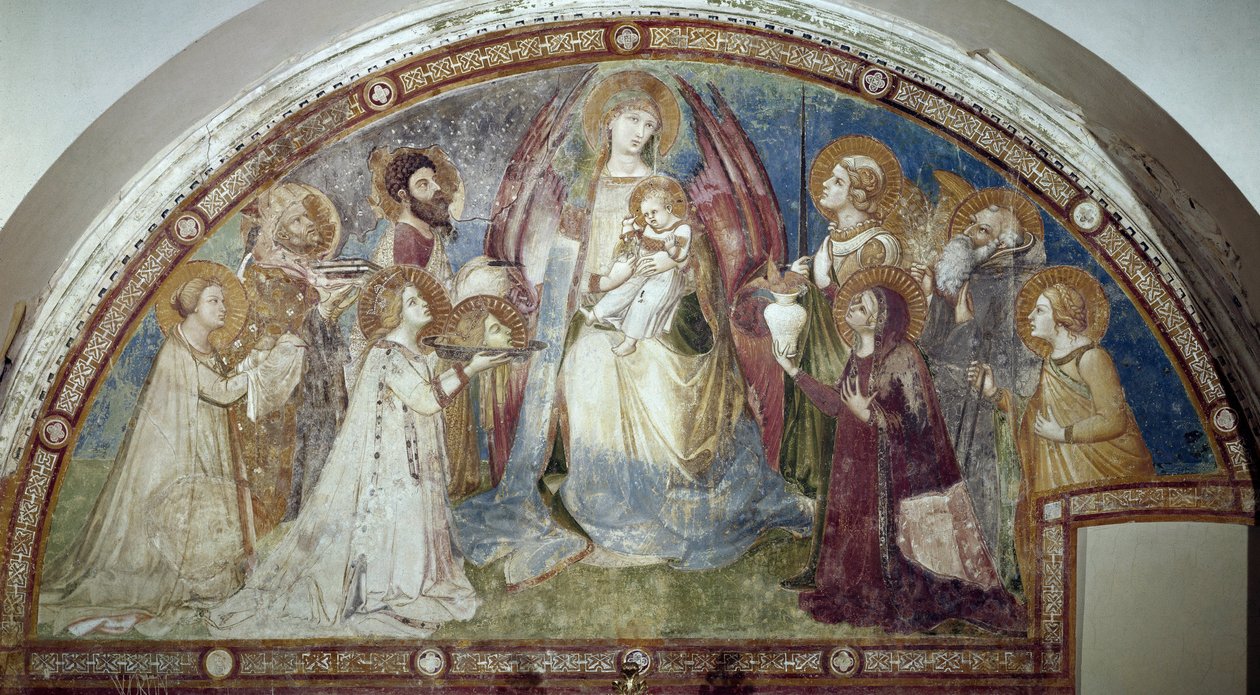 Maesta - A Szűz és a Gyermek, szentekkel és Mihály arkangyallal körülvéve (freskó alkotó: Ambrogio Lorenzetti