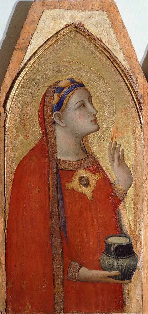 Mária Magdolna, részlet a triptichonról, amely Madonnát és gyermekét Mária Magdolnával és Szent Dorottyával ábrázolja, Ambrogio Lorenzetti (1290-kb. 1348), olaj, fa alkotó: Ambrogio Lorenzetti