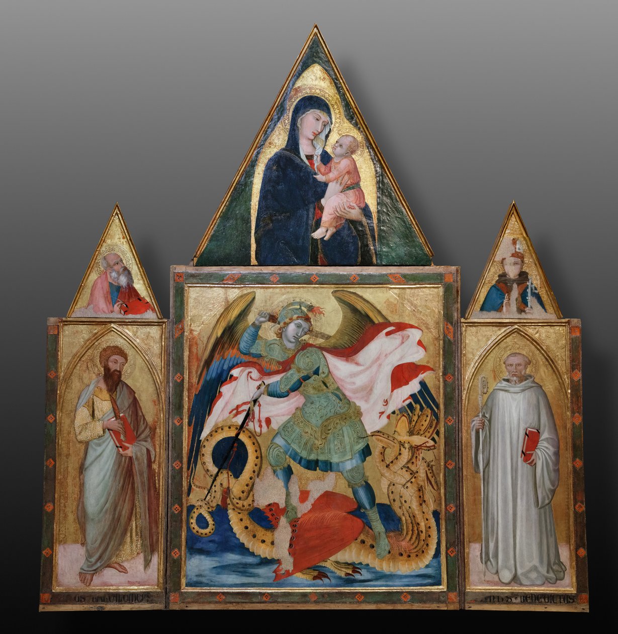 Szent Mihály arkangyal sárkányt ölő Szent Benedek és Szent Bertalan között (tempera, tábla) alkotó: Ambrogio Lorenzetti