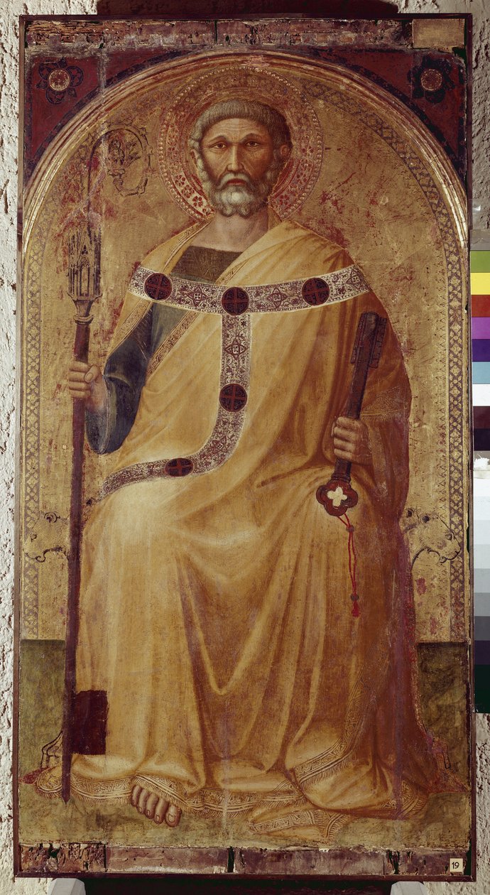 Szent Péter. Ambrogio Lorenzetti (1290-1348) festménye. Festészet fára. Roccalbegna (Grosseto), Szent Péter és Pál templom alkotó: Ambrogio Lorenzetti