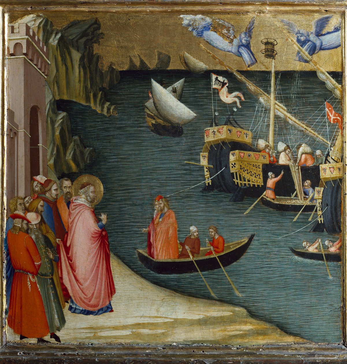 Szent Miklós, Myra püspöke megment egy búza rakományt szállító hajót a vihartól. Jelenetek Szent Miklós életéből (Tempera a panelen alkotó: Ambrogio Lorenzetti