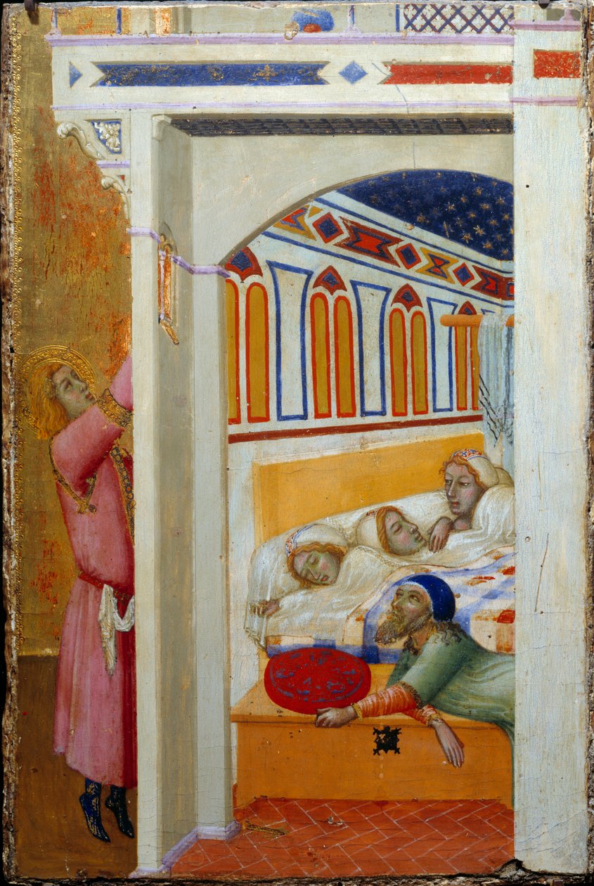 Bari Szent Miklós jótékonysága (vagy Myrai Szent Miklós, 270-345). Nicolas megtudja, hogy egy apa nem tud házassági hozományt adni három kislányának, ezért az éjszaka folyamán pénzt dob be az ablakon. Ambrogio Lorenzetti festménye (1290-1 alkotó: Ambrogio Lorenzetti