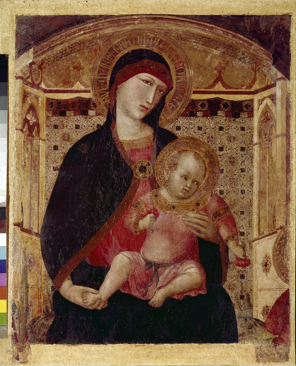 Szűz és gyermek – Szűzanya triptichonjának központi része Szent Péterrel és Szent Pállal (tempera fán alkotó: Ambrogio Lorenzetti