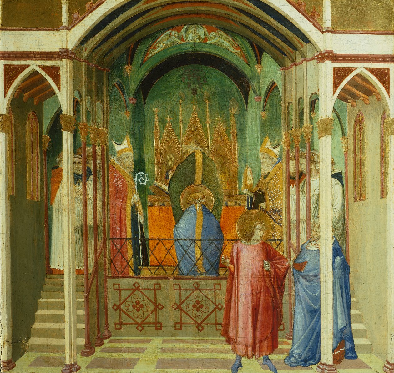 Szent Miklós mirai püspökké avatása, részlet Bari Szent Miklós csodáiból, Ambrogio Lorenzetti (1290-kb. 1348), tempera fán alkotó: Ambrogio Lorenzetti